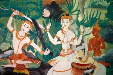 Fresque à Wat Ampharam, Hua Hin, Thaïlande. Bouddha se coupant les cheveux et renonçant à sa vie antérieure